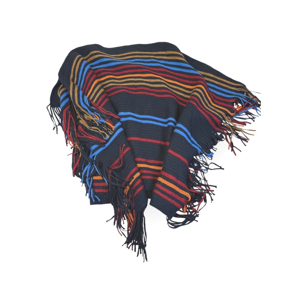 Ruby Rd. Striped Fringe Poncho Sweater One Size Blue Red Orange Gold Metallic
